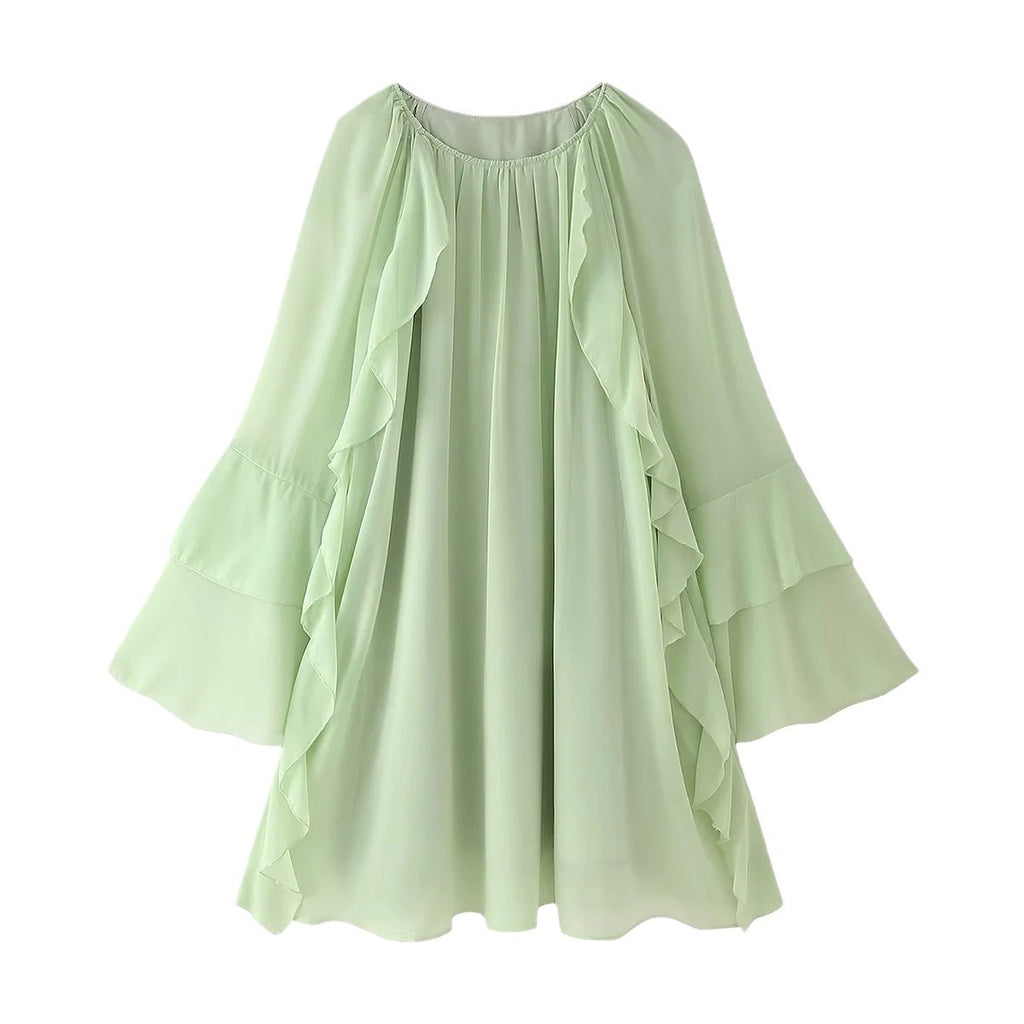 Damen Maxikleid mit voluminösen Rüschenärmeln und elegantem Drapierungsdesign Sovae