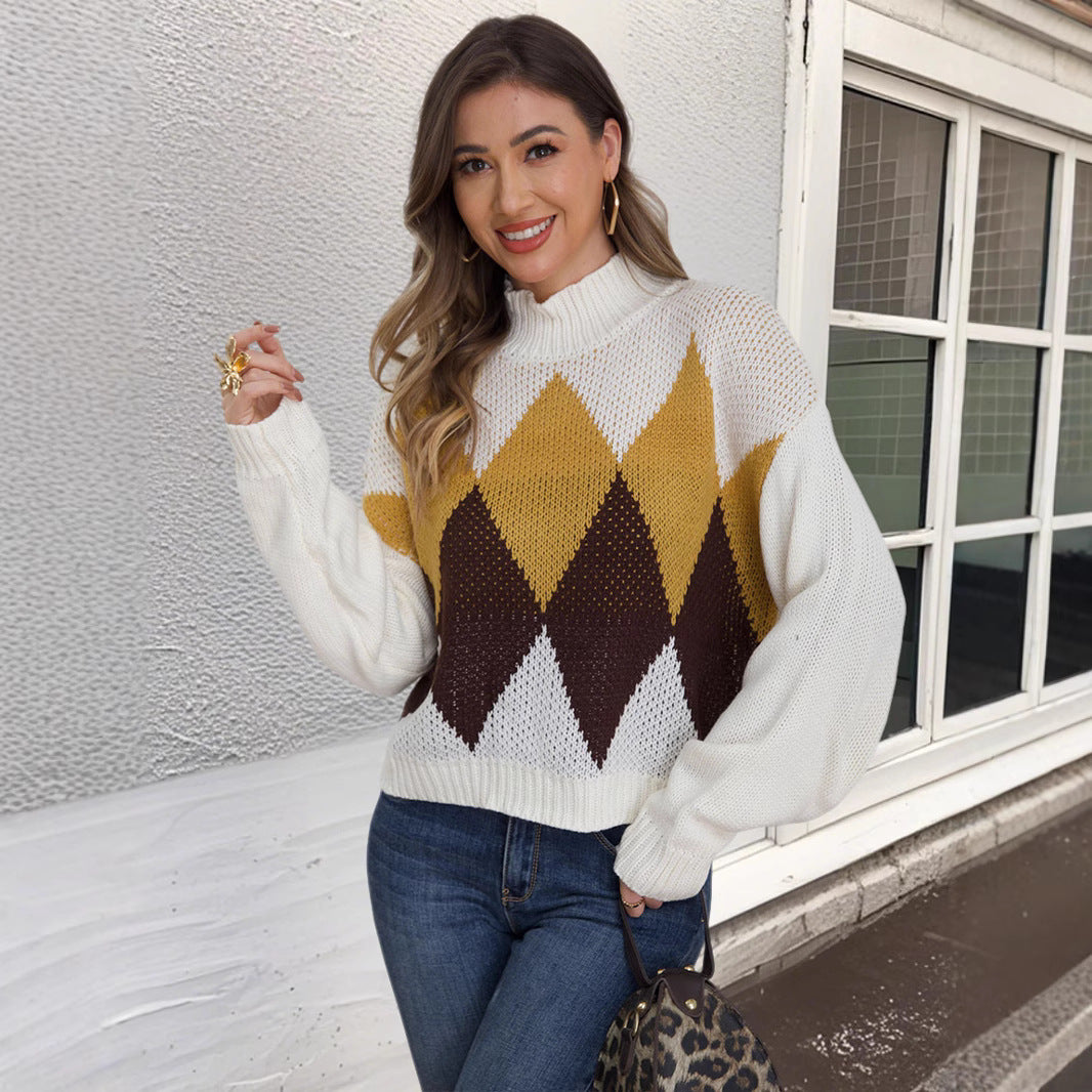 Damen modischer Strickpullover mit geometrischem Muster und hohem Kragen Sovae