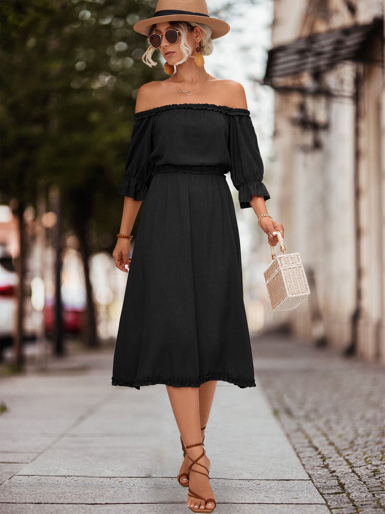 Damen Off-Shoulder Maxikleid mit elastischem Tailleneinsatz und Rüschendetails Sovae