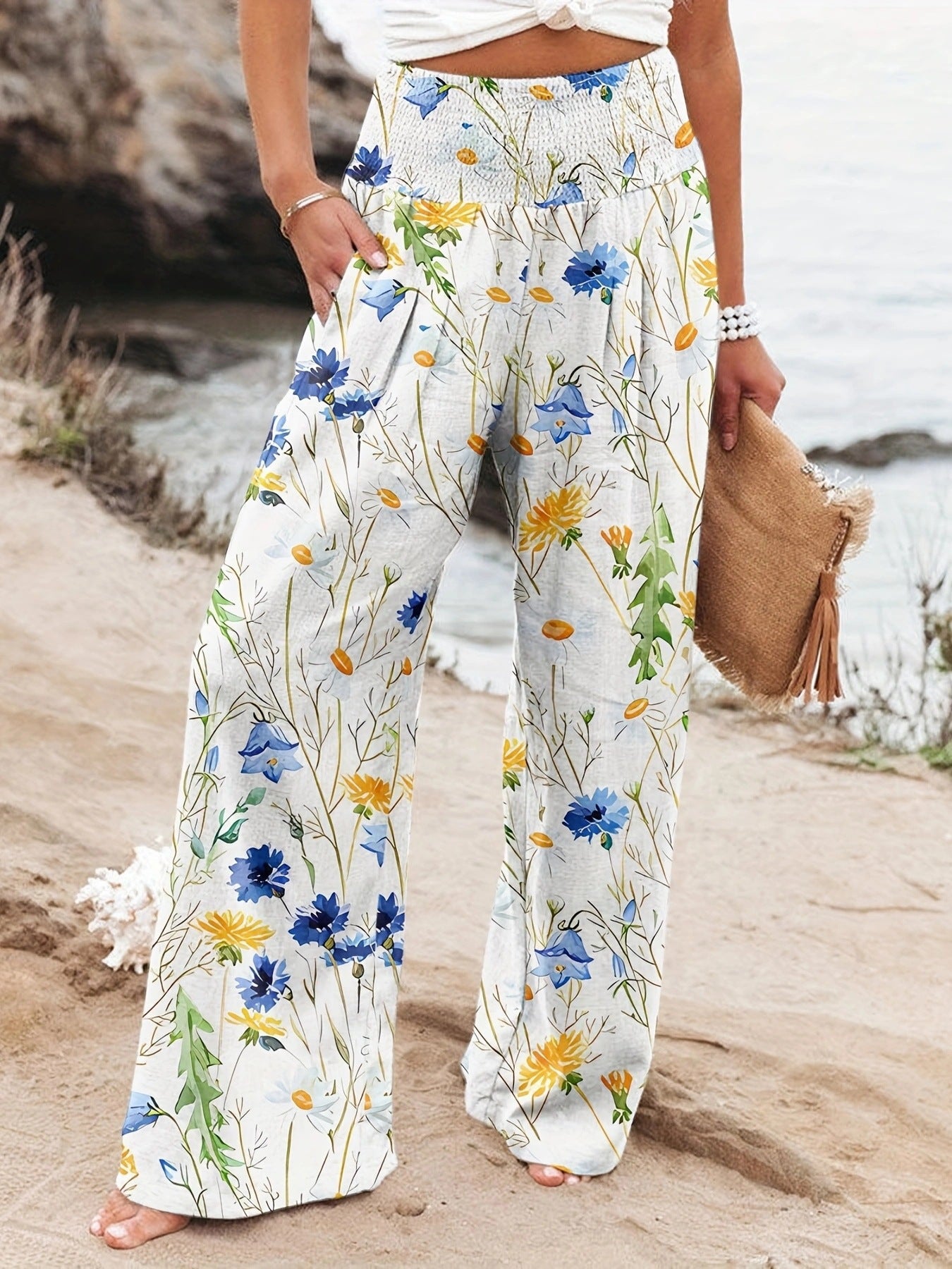 Damen Weit geschnittene Sommerhose mit floralem Print und elastischem Bund Sovae