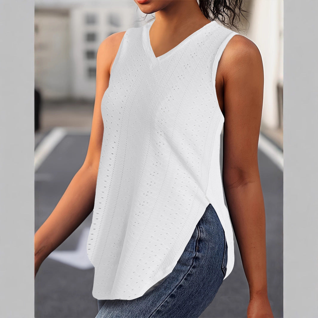 Damen Ärmelloses Blusenshirt mit V-Ausschnitt und seitlichen Schlitzen Sovae