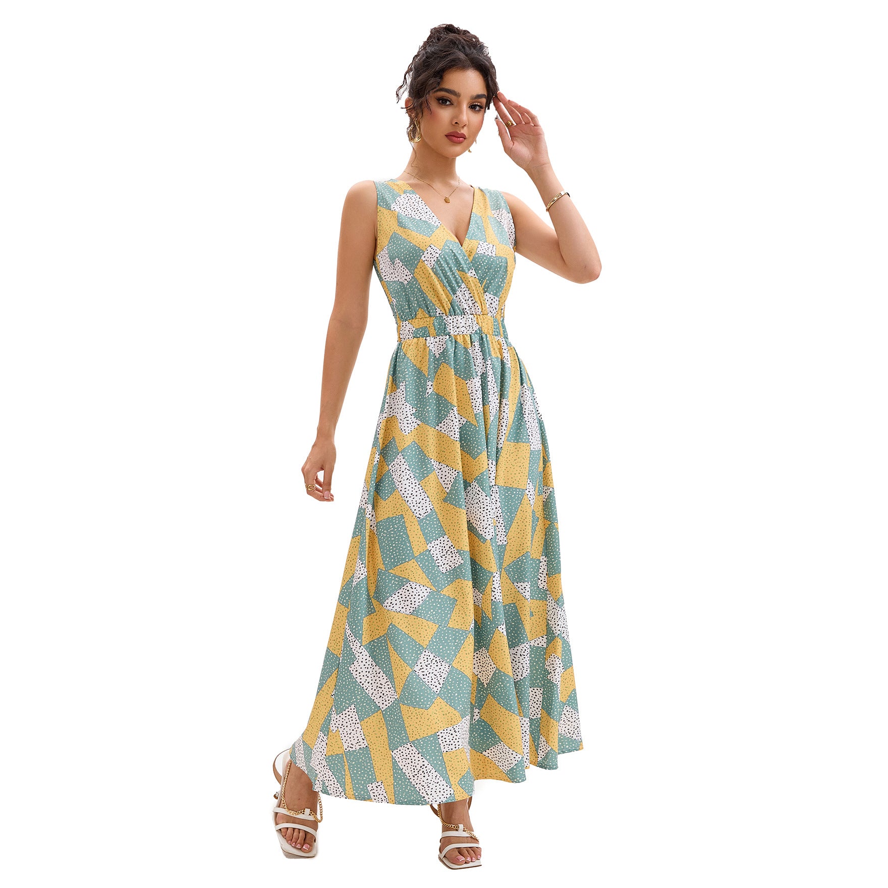 Damen Maxi-Kleid mit V-Ausschnitt und geometrischem Muster Sovae