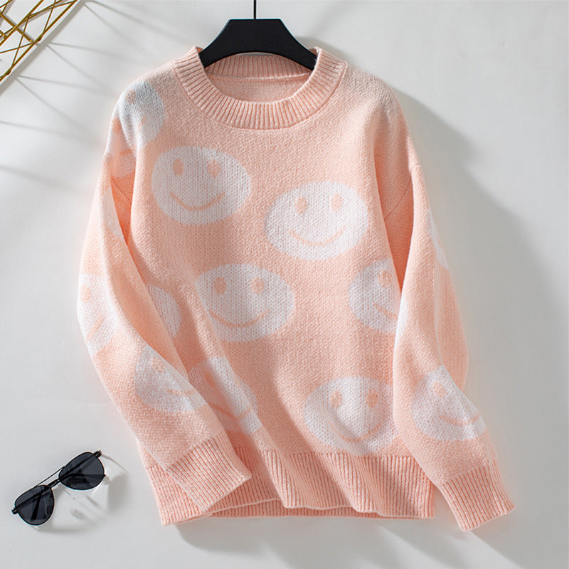 Damen lässiger Pullover mit fröhlichem Smiley-Muster Sovae