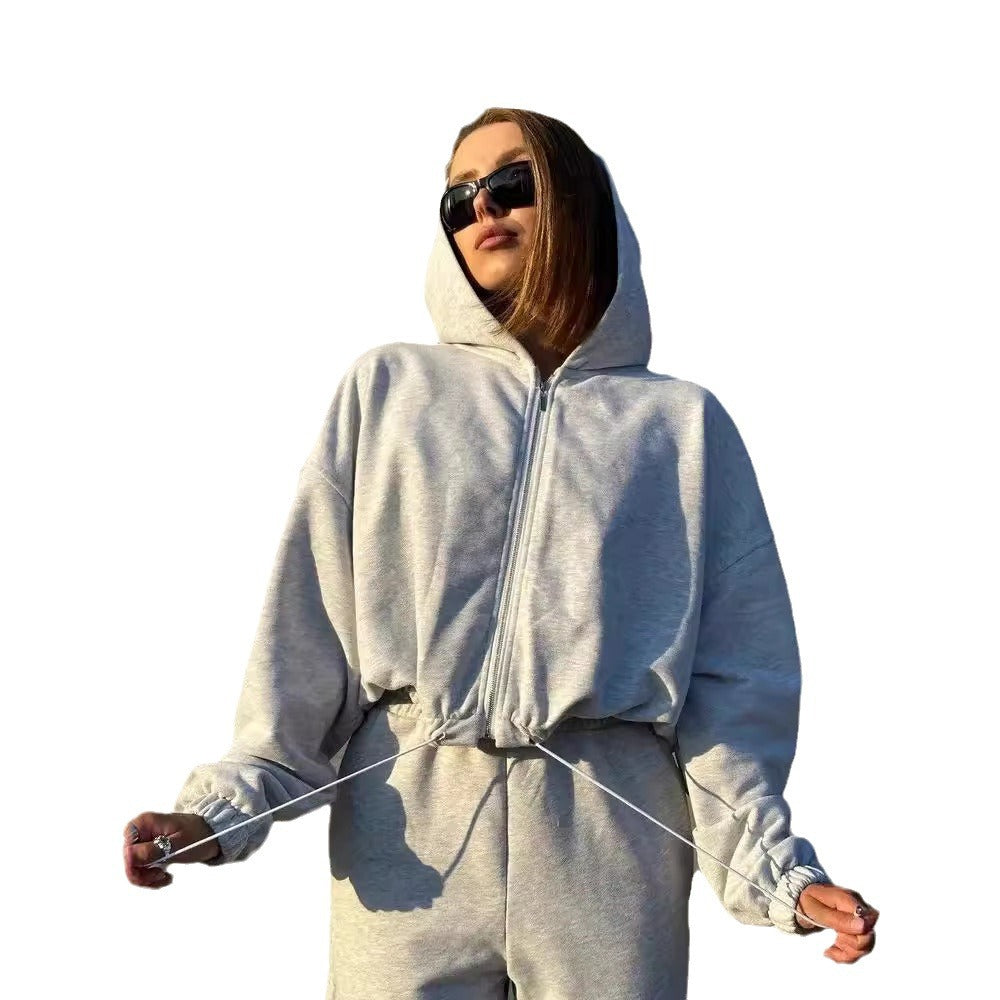 Damen lässiger Kapuzenpullover mit kurzem Schnitt und elastischem Bund Sovae