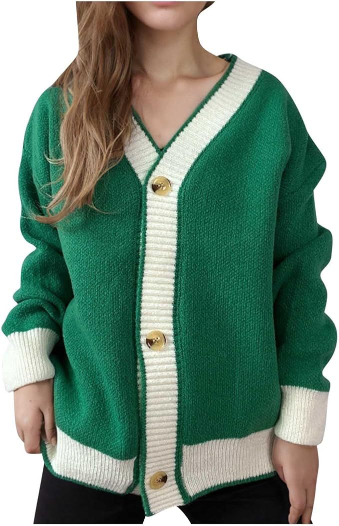 Damen lässige Strickjacke mit kontrastierenden Bündchen und dezenter Knopfleiste Sovae