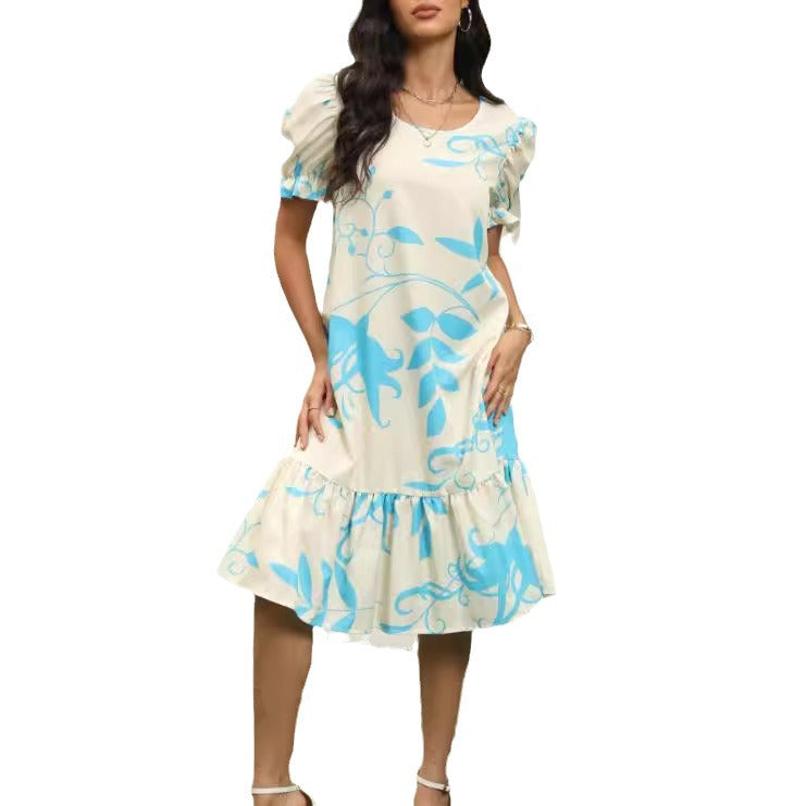 Damen lässiges Midikleid mit Volant-Saum und Puffärmeln Sovae