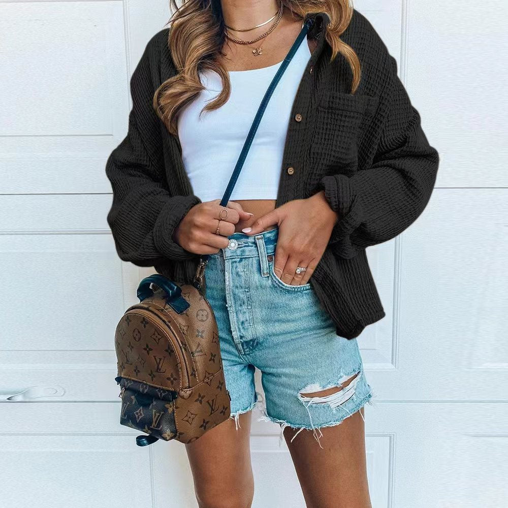 Damen Oversized Hemdjacke aus weichem Waffelstoff Sovae