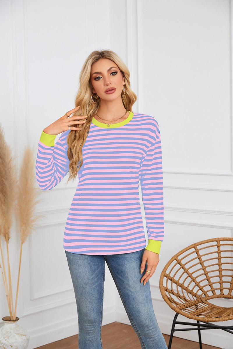 Damen gestreiftes Langarmshirt mit farblich abgesetztem Kragen Sovae