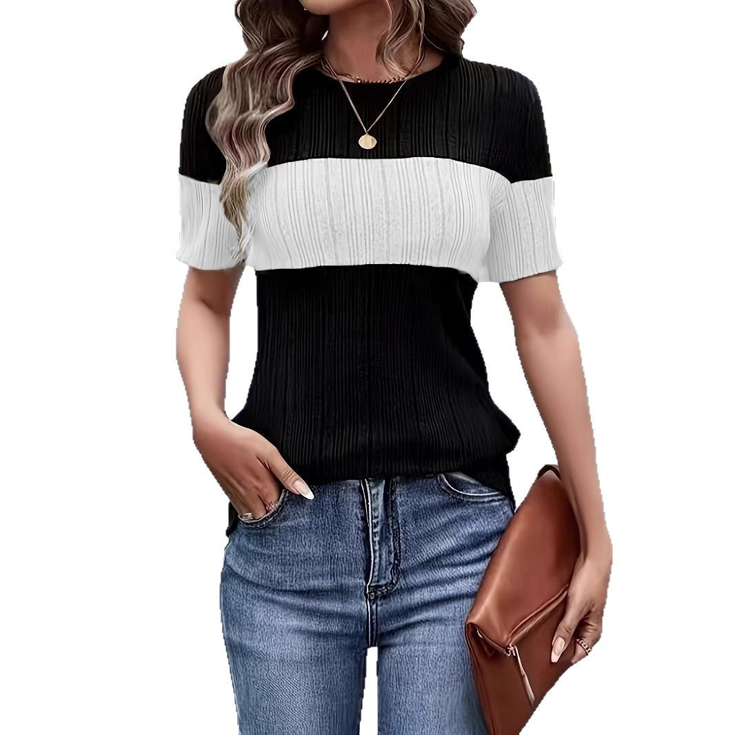 Damen Kurzarmpullover mit modernem Blockstreifenmuster Sovae
