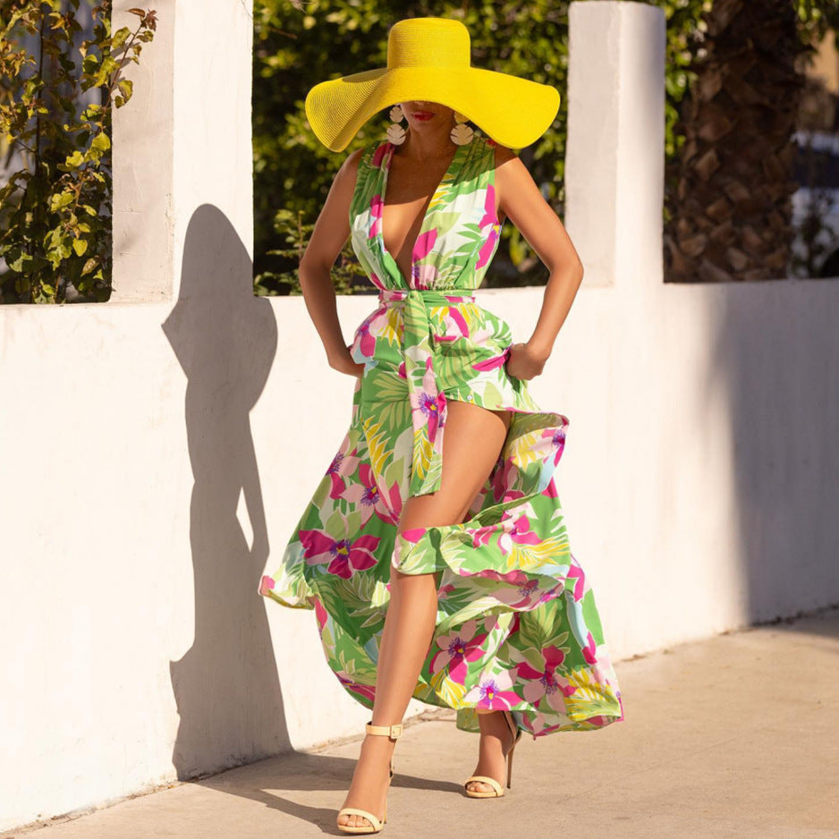 Damen Maxi-Kleid mit tiefer V-Ausschnitt und floralem Muster Sovae