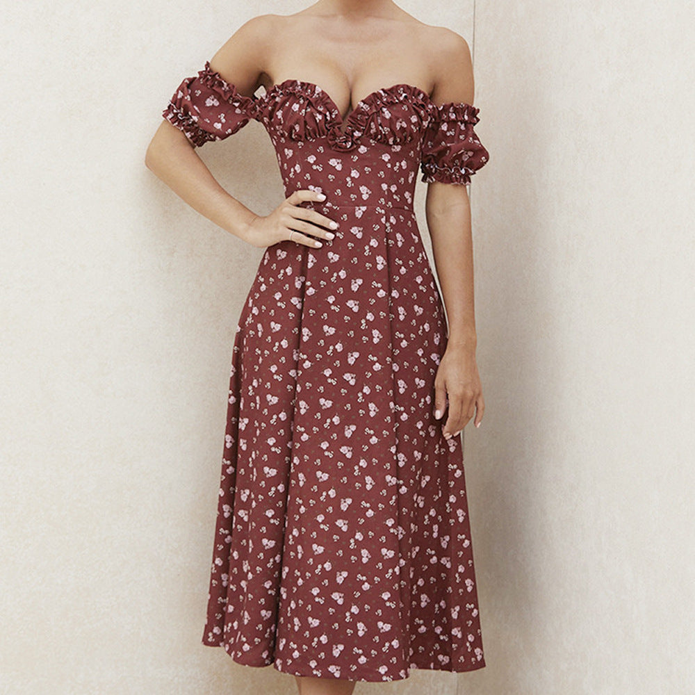 Damen romantisches Midikleid mit Rüschendetails und floralen Druck Sovae