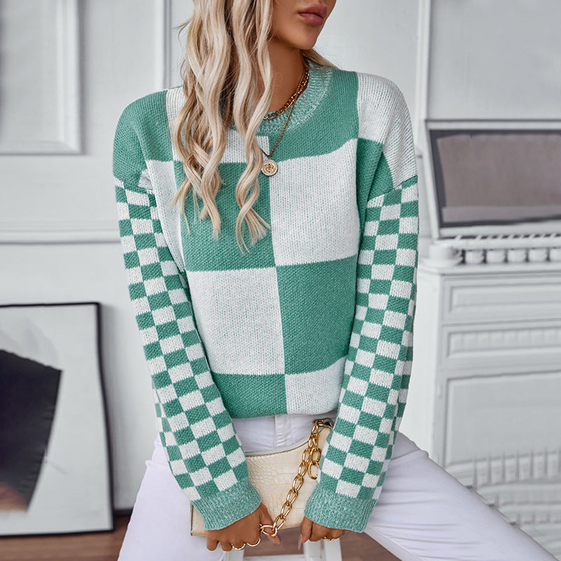 Damen modischer Pullover mit Karomuster und lässigem Schnitt Sovae