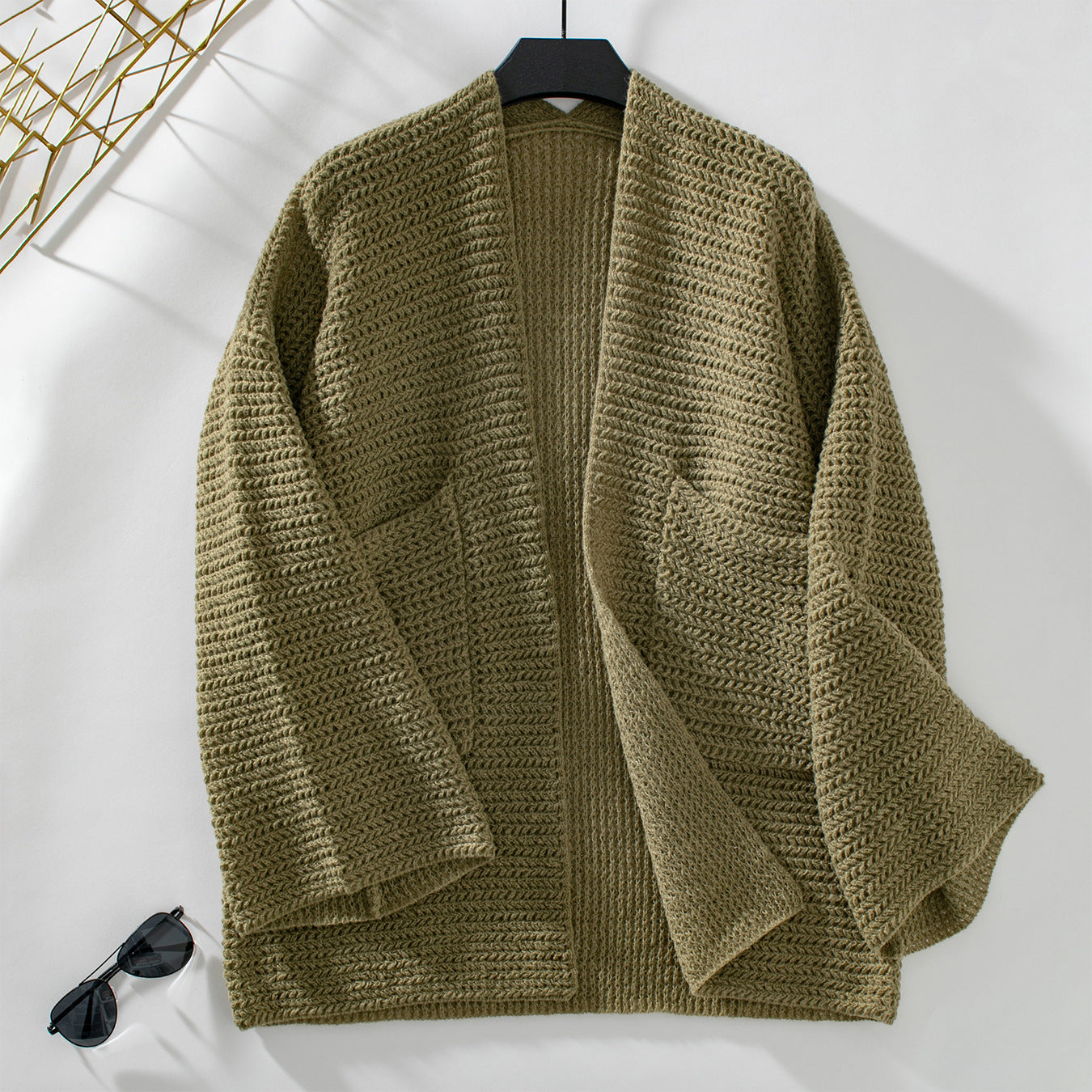 Damen luftige Strickjacke mit großen Taschen und offenen Ärmeln Sovae