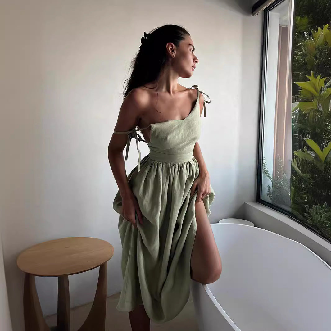 Damen Leinen Maxikleid mit verstellbaren Trägern und elegantem Schnitt Sovae
