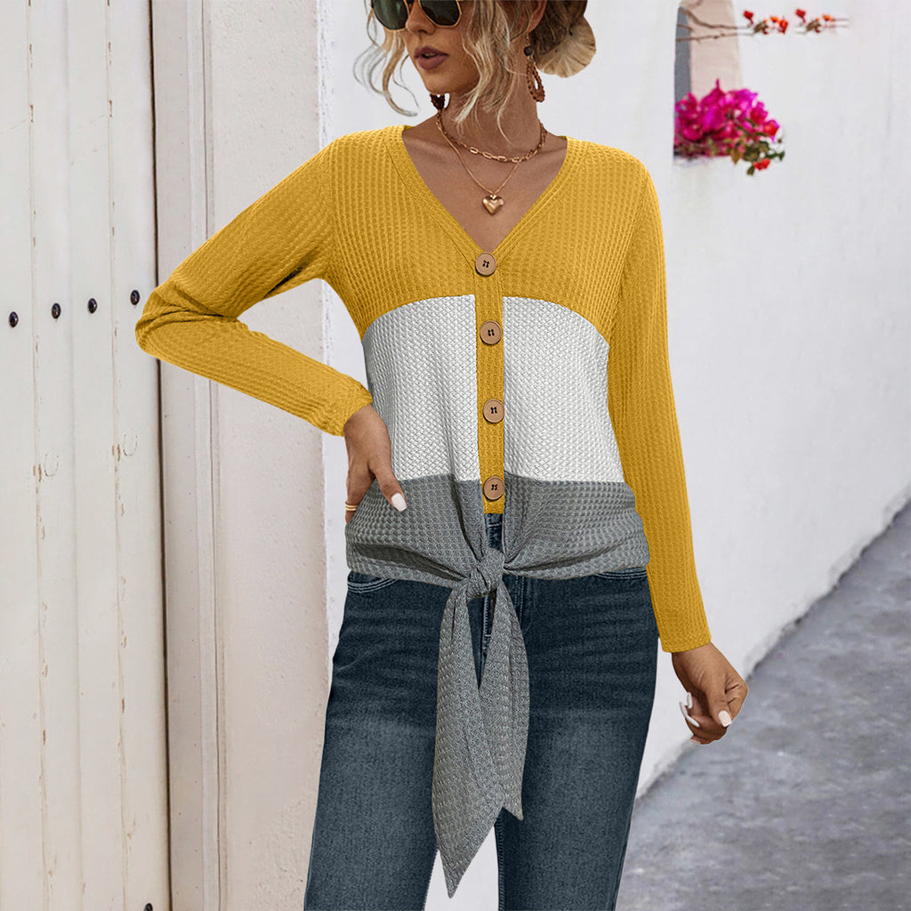 Damen Strickjacke mit bindbarem Detail und gestreiftem Muster Sovae
