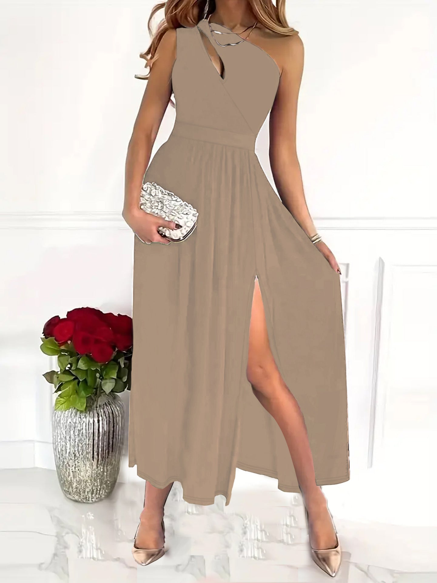 Damen Elegantes Maxikleid mit Ein-Schulter-Design und transparentem Beinschlitz Sovae