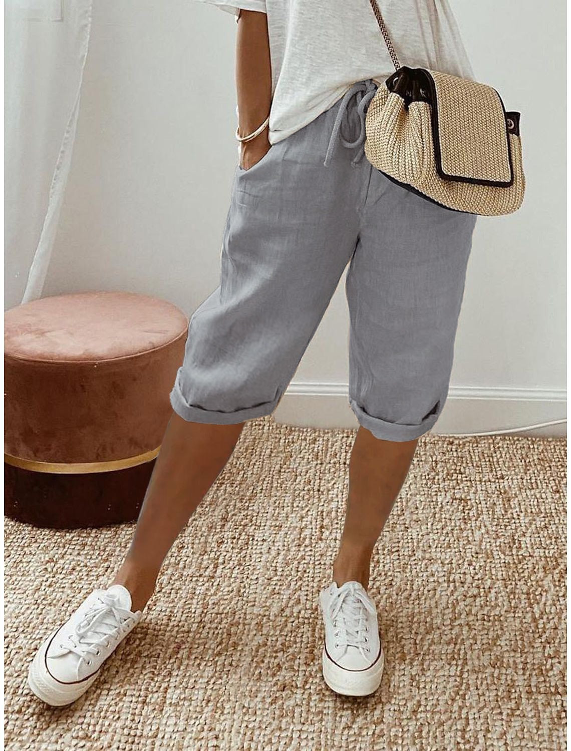 Damen lässige Leinen-Shorts mit elastischem Bund und praktischen Taschen Sovae