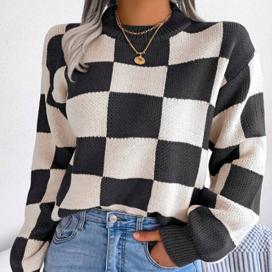 Damen Gemusterter Strickpullover mit Karomuster und modischem Rundhalsausschnitt Sovae