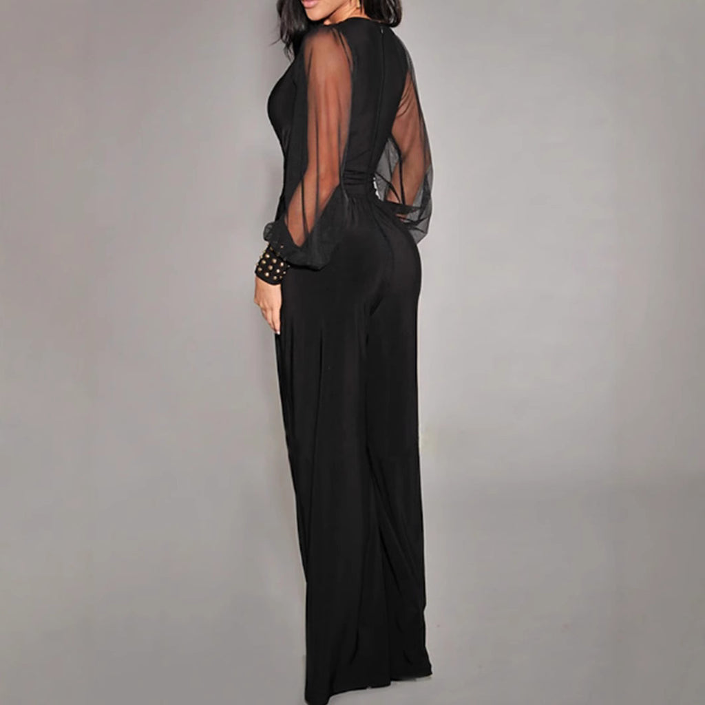 Damen Eleganter Jumpsuit mit transparenten Puffärmeln und modernem V-Ausschnitt Sovae