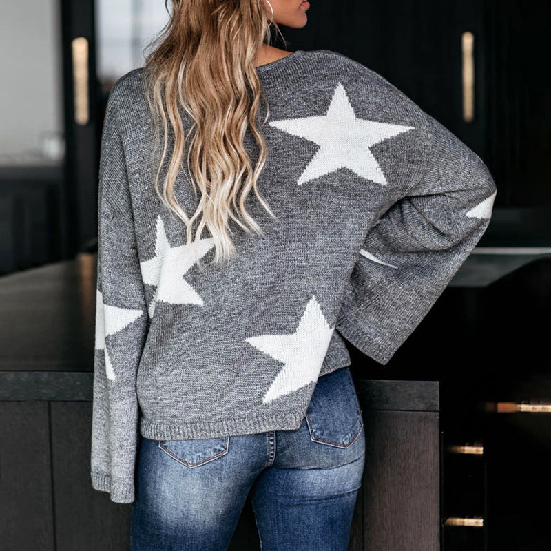 Damen modischer Pullover mit weit ausladenden Ärmeln und Sternenmotiv Sovae