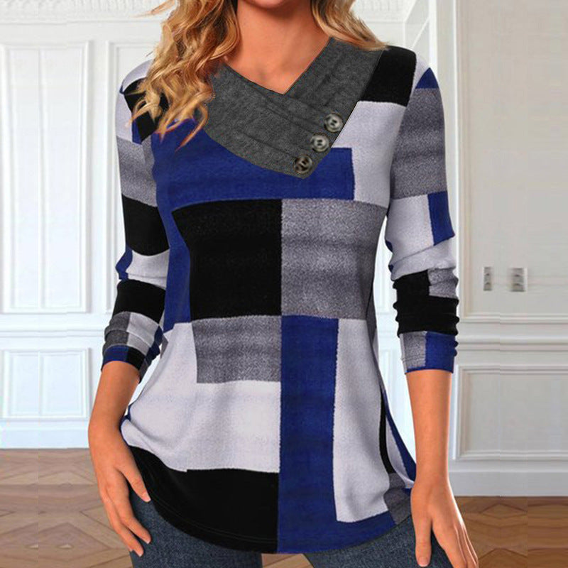 Damen stilvolles Langarmshirt mit asymmetrischem Kragen und Knopfdetails Sovae