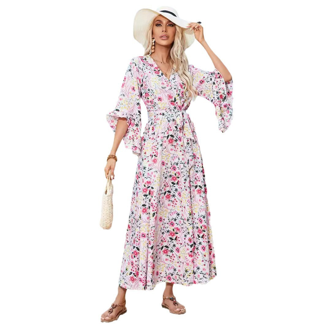 Damen Langarm Maxikleid mit floralem Design und Schlitz Sovae