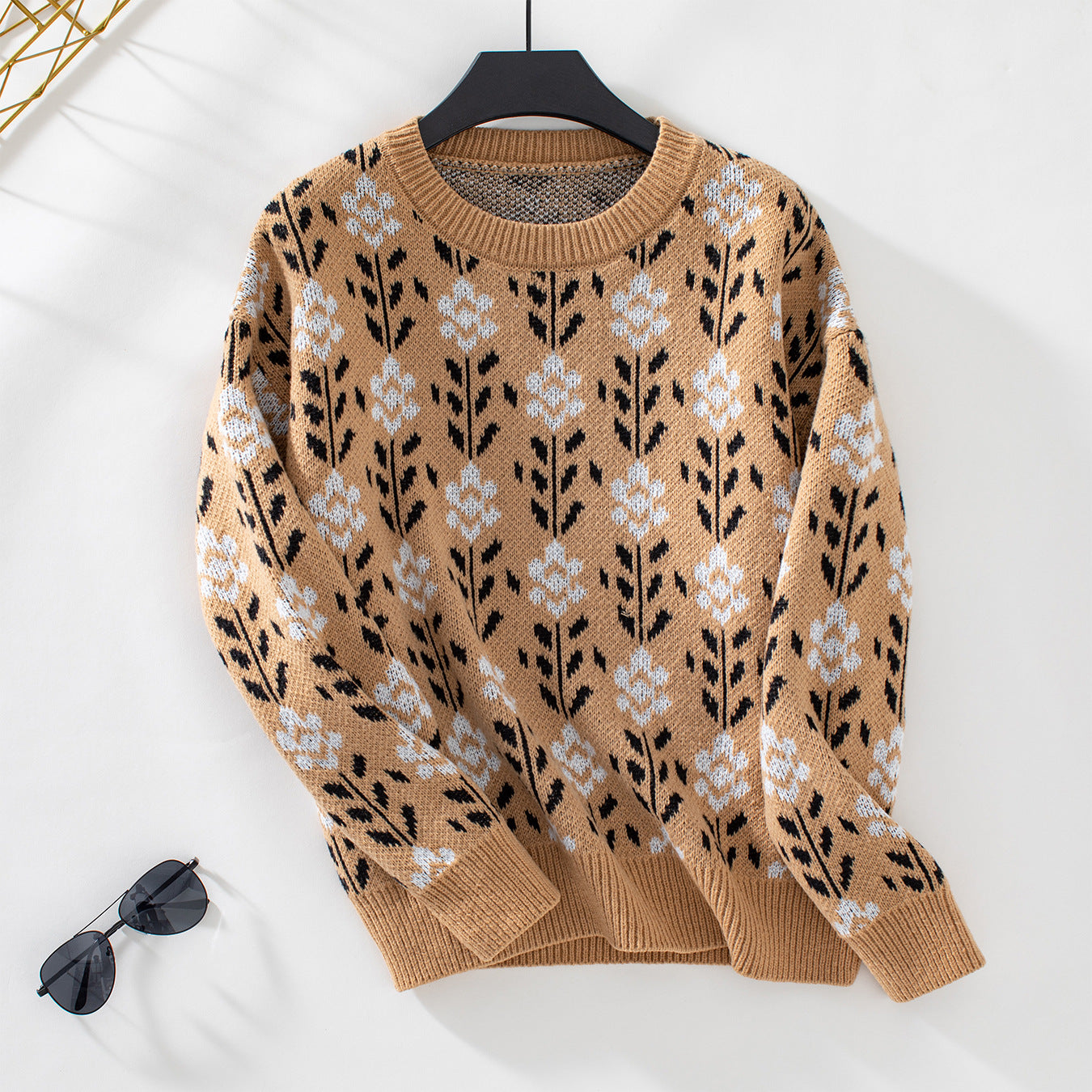 Damen lässiger Pullover mit floralem Muster und Rundhalsausschnitt Sovae