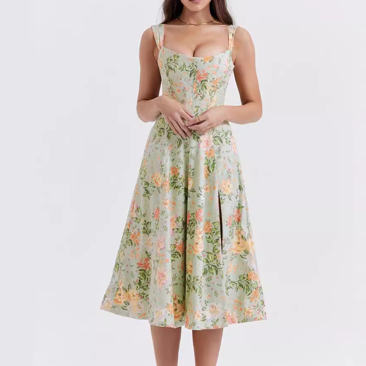 Damen schulterfreies Midikleid mit floralem Design und Eingrifftaschen Sovae