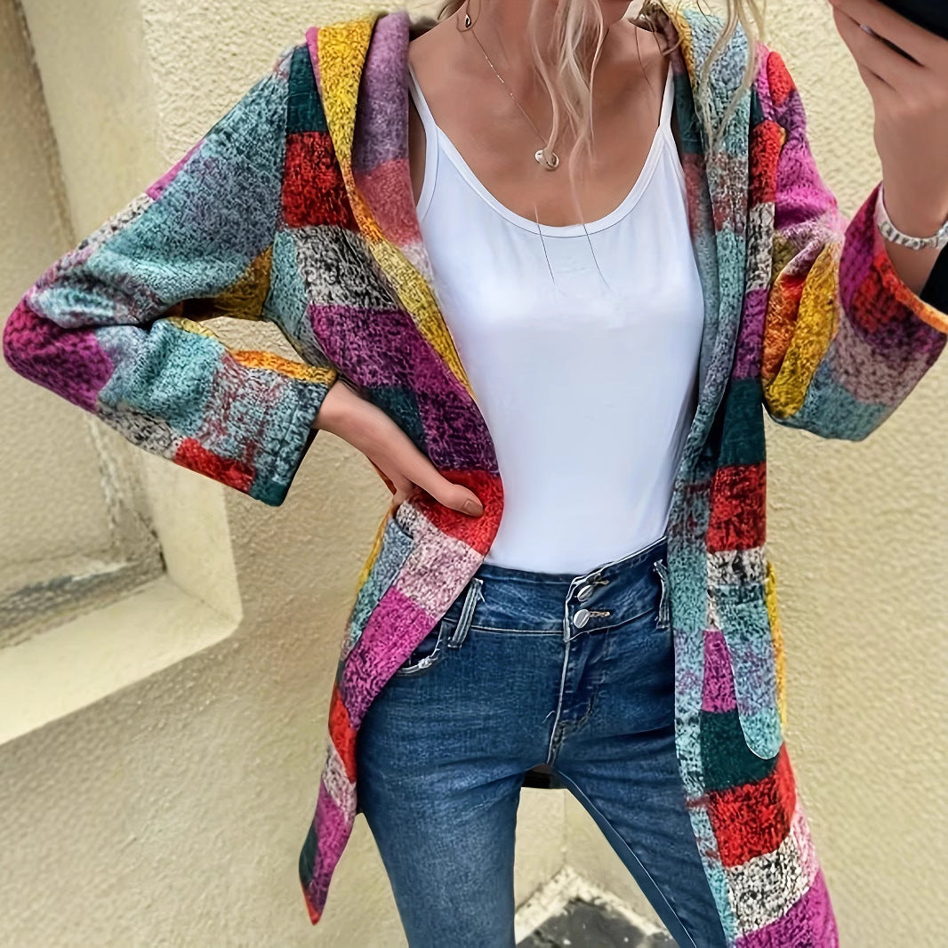 Damen farbenfrohe Strickjacke mit Kapuze Sovae