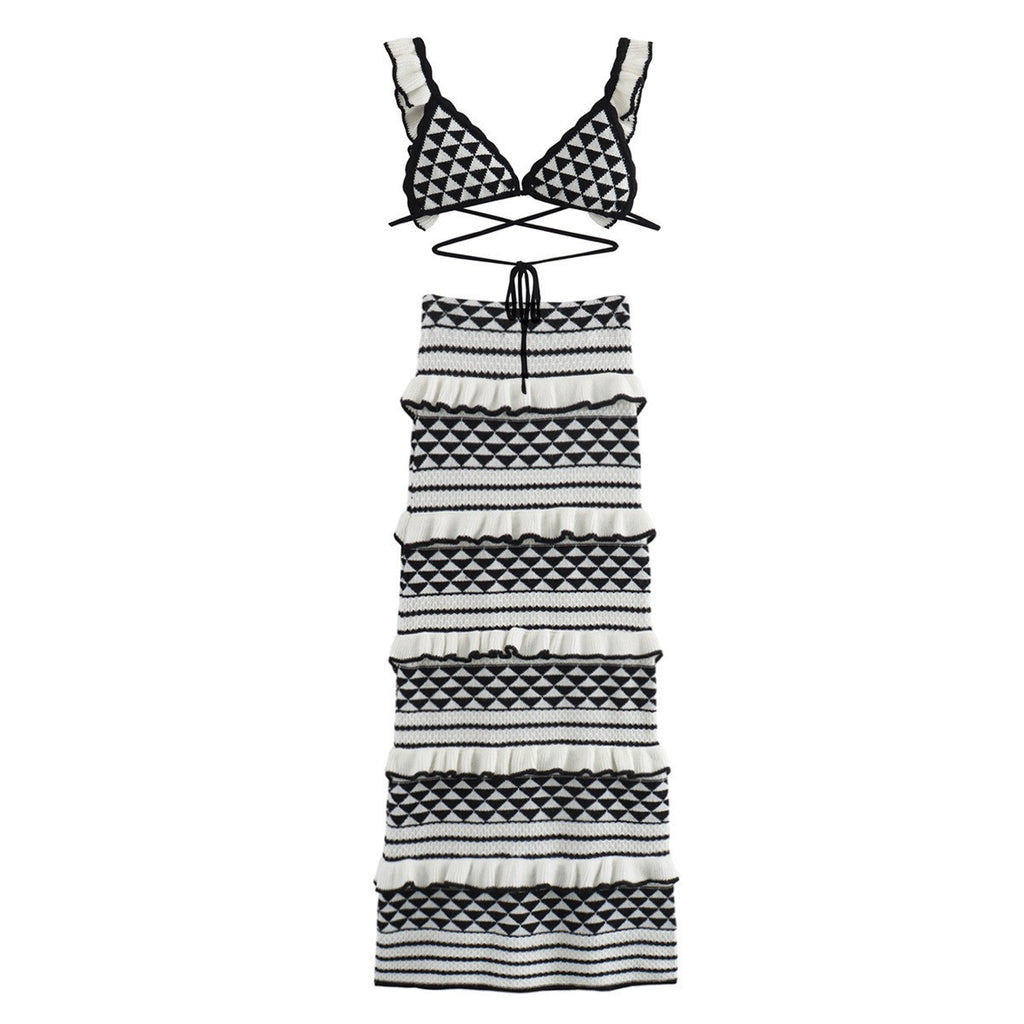 Damen Crop-Top und Maxi-Rock Set mit geometrischem Muster und Rüschendetails Sovae