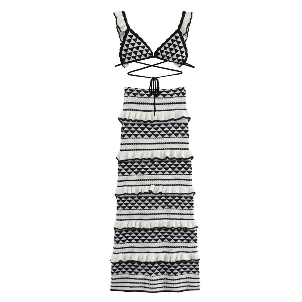 Damen Crop-Top und Maxi-Rock Set mit geometrischem Muster und Rüschendetails Sovae