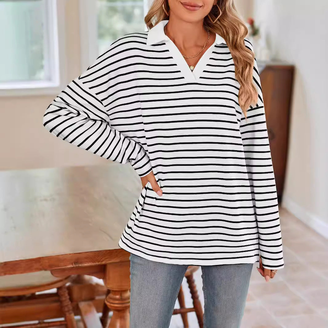 Damen Lässiger und modischer Pullover mit breiten Streifen und V-Ausschnitt Sovae