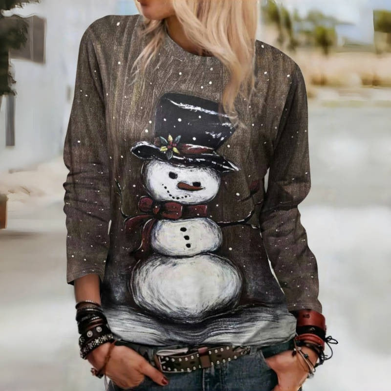 Damen Langarmshirt mit winterlichem Schneemann-Motiv Sovae
