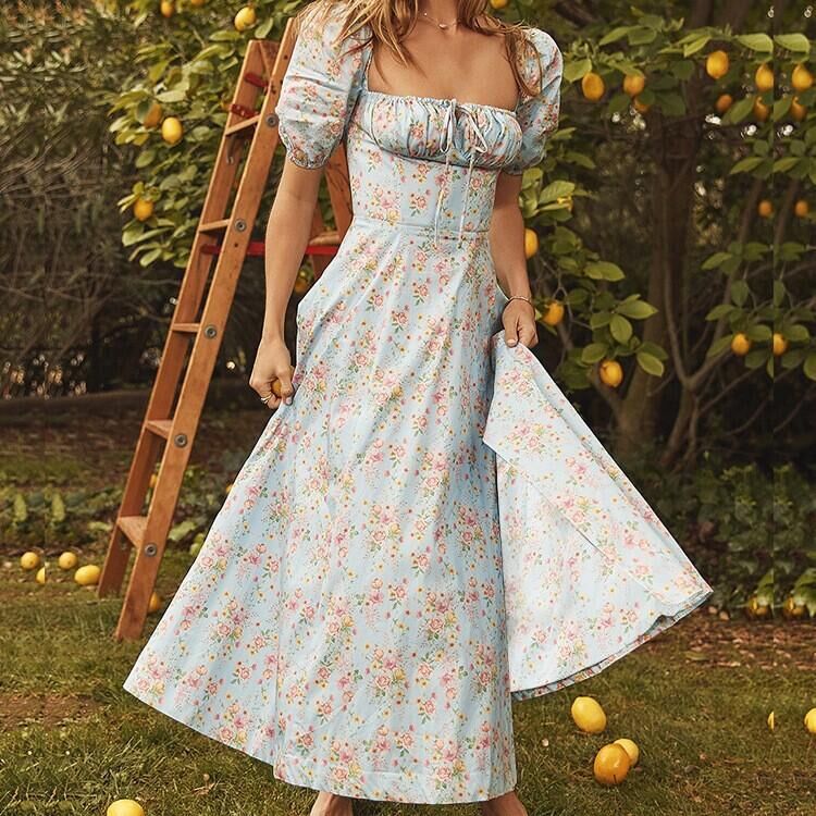 Damen Verspielt Elegantes Maxikleid mit Puffärmeln Sovae