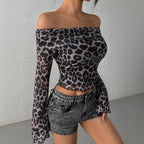 Damen Off-Shoulder Bluse mit Leopardenmuster Sovae