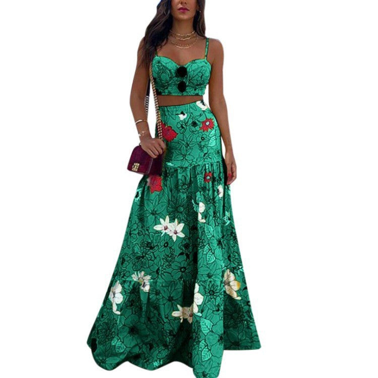 Damen Maxikleid mit floralem Oberteil und schwingendem Rock Sovae