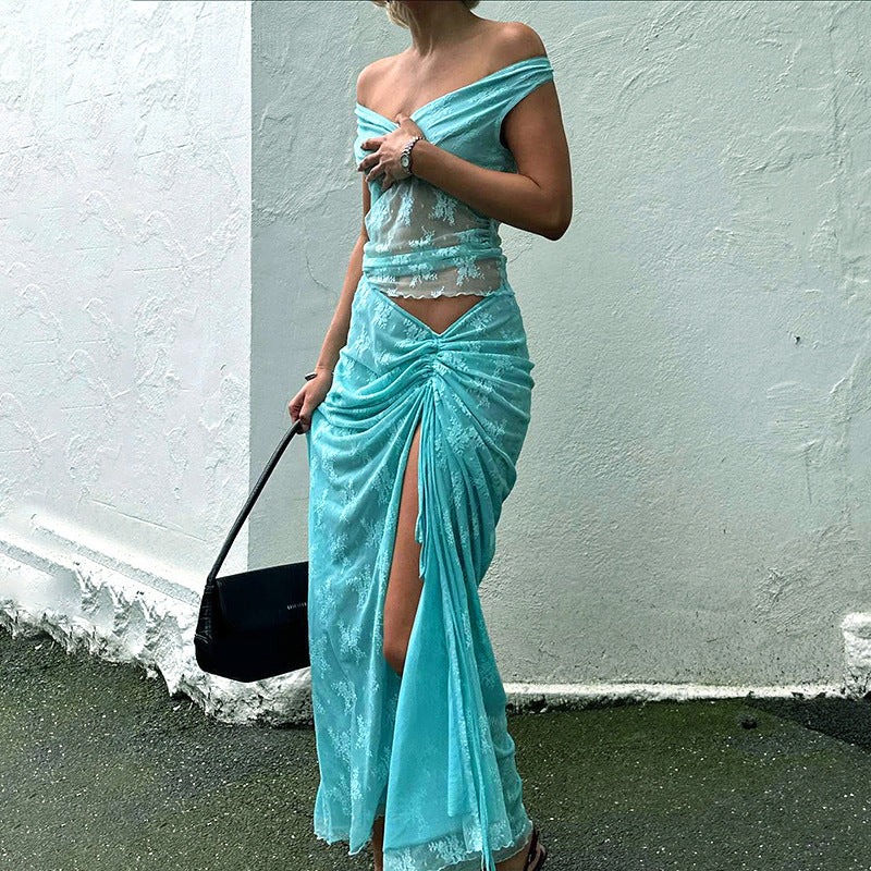 Damen elegantes Spitzen-Midi-Kleid mit asymmetrischem Schnitt Sovae
