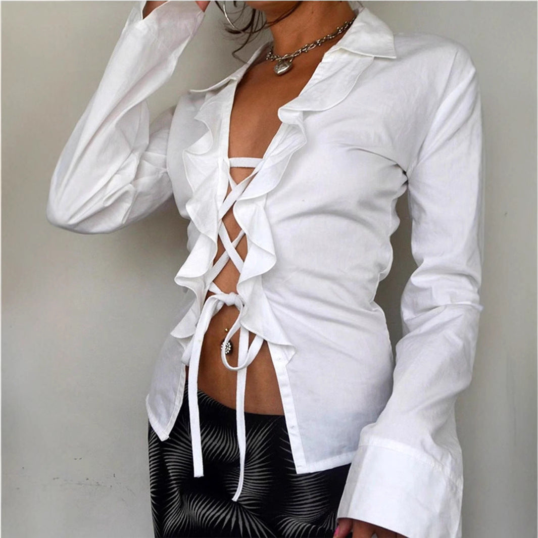 Damen Elegantes Blusenoberteil mit Rüschendetails und Schnürung Sovae