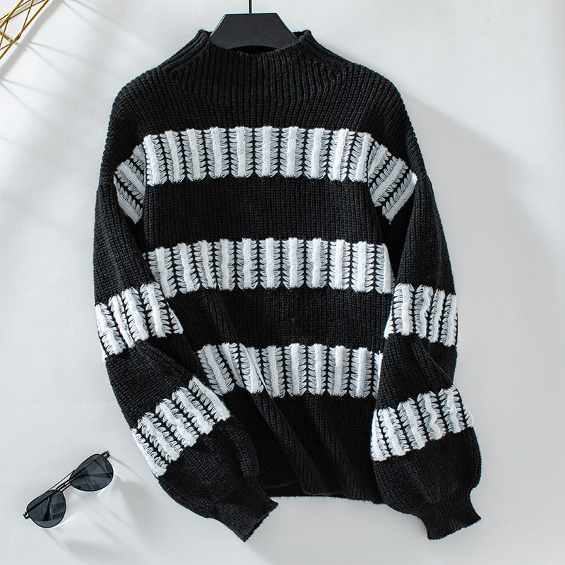 Damen hochwertiger Strickpullover mit edel strukturierten Streifen Sovae