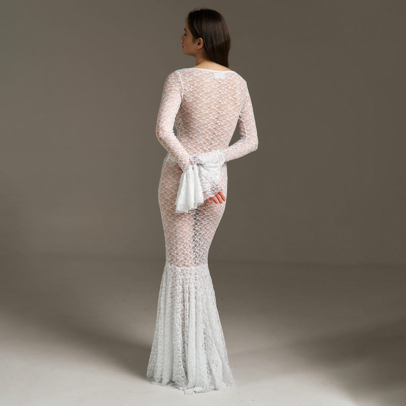 Damen Transparente Spitzenkleid mit dramatischen Ärmeln Sovae
