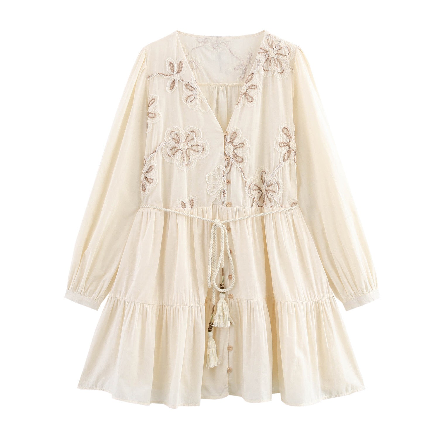 Damen verspieltes Maxikleid mit floralem Stickmuster und Taillenkordelzug Sovae