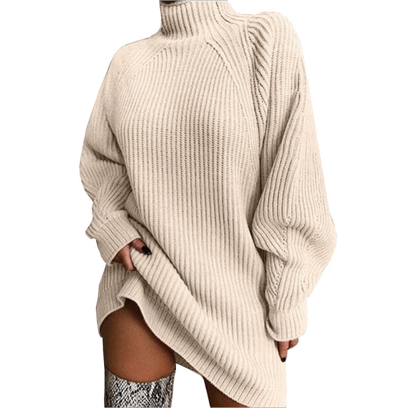 Damen Grobstrickpullover mit hohem Kragen und seitlichem Schlitz Sovae