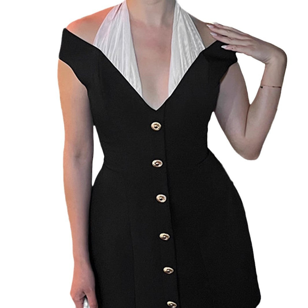 Damen Off-Shoulder Minikleid mit elegantem V-Ausschnitt und goldenen Knöpfen Sovae