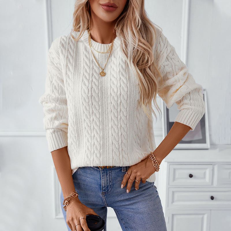 Damen Strickpullover mit Zopfmuster und hohen Bündchen Sovae