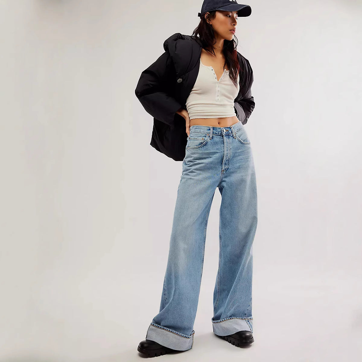 Damen Hochtaillierte Weite Jeans Sovae
