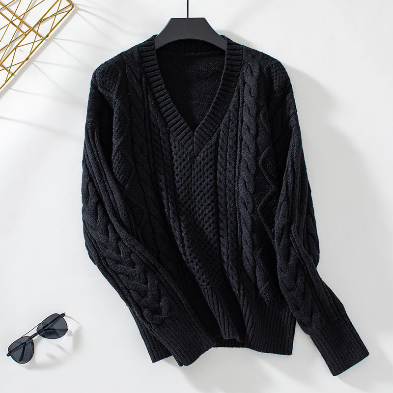 Damen modischer Strickpullover mit tiefem V-Ausschnitt und Zopfmuster Sovae