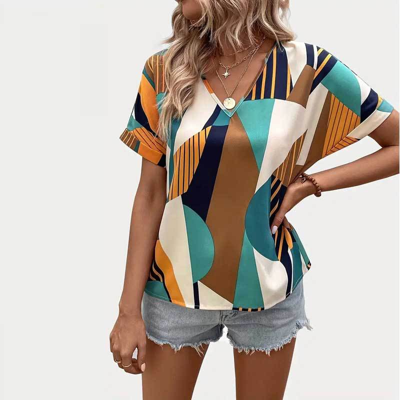Damen Abstract Print Kurzarm Oberteil Sovae