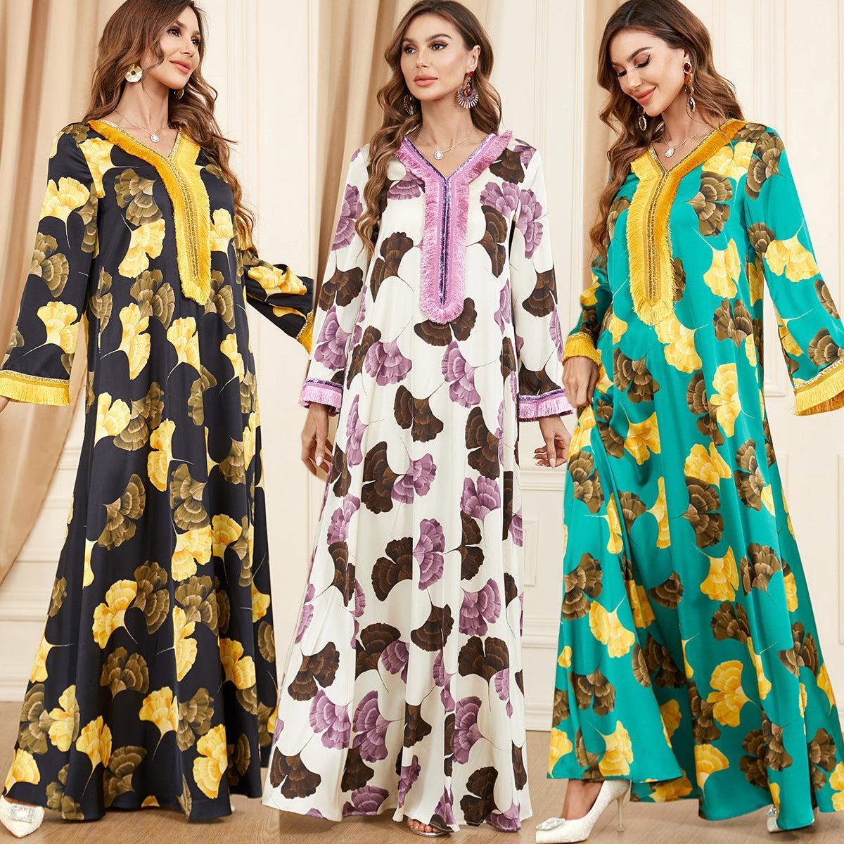 Damen Lange Kaftanrobe mit floralem Muster und goldenen Verzierungen Sovae