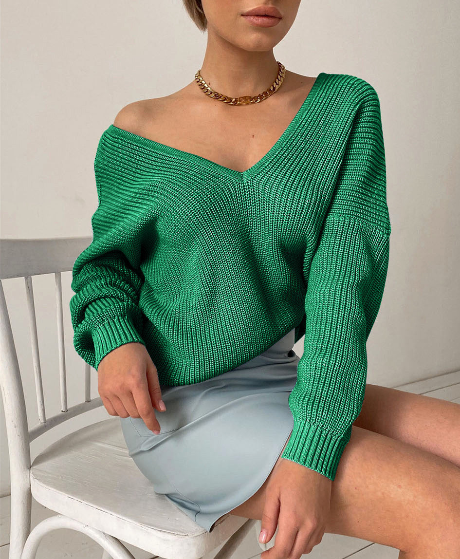 Damen Modischer Strickpullover mit tiefem V-Ausschnitt und schmeichelhaftem Schnitt Sovae