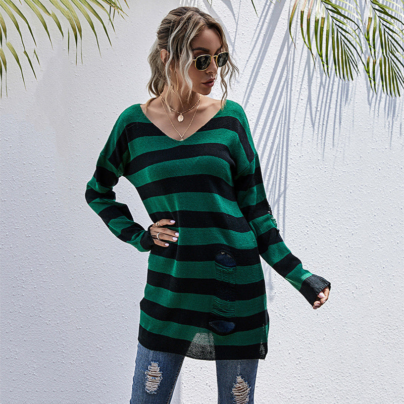 Damen gestreifter Oversized Pullover mit tiefem V-Ausschnitt und trendigen Cut-Outs Sovae
